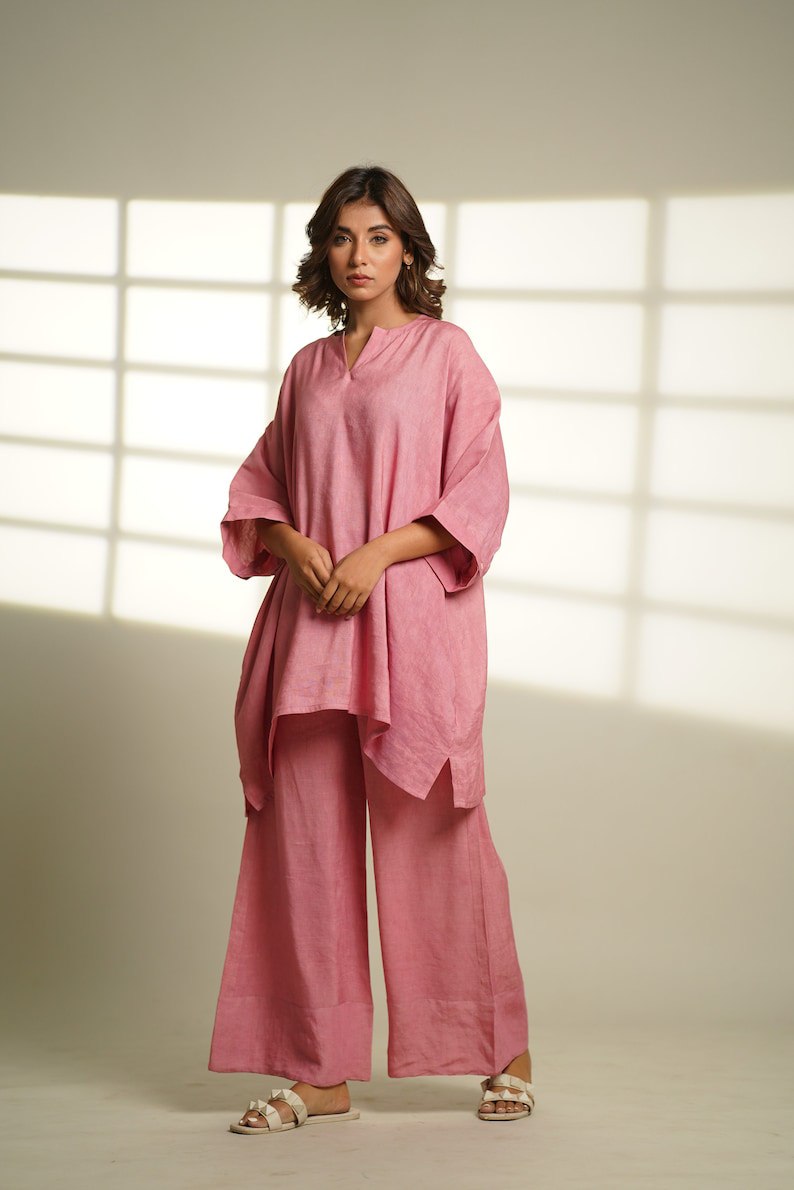 Cotton loungewear set, rosewater pink linen pajama set, oversized tunic set, cotton pajamas, long oversized tops and pants, gifts for women
