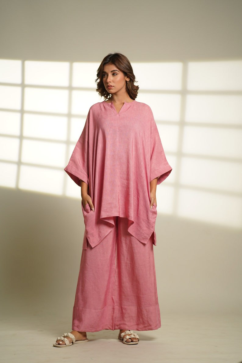 Cotton loungewear set, rosewater pink linen pajama set, oversized tunic set, cotton pajamas, long oversized tops and pants, gifts for women