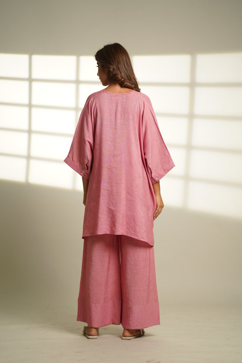 Cotton loungewear set, rosewater pink linen pajama set, oversized tunic set, cotton pajamas, long oversized tops and pants, gifts for women