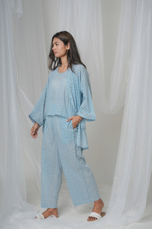 Summer blue loungewear, organic cotton, oversized capes, underwear and pants, comfy pajama sets, custom made plus sizes, small sizes, casual wear