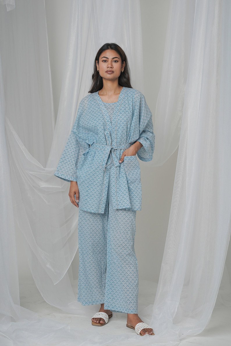 Summer blue loungewear, organic cotton, oversized capes, underwear and pants, comfy pajama sets, custom made plus sizes, small sizes, casual wear