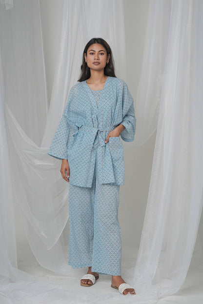 Summer blue loungewear, organic cotton, oversized capes, underwear and pants, comfy pajama sets, custom made plus sizes, small sizes, casual wear