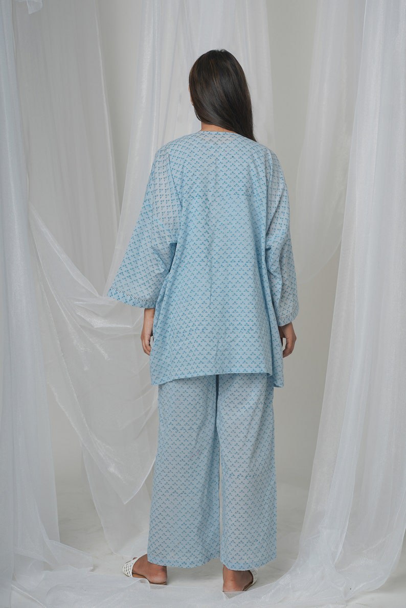 Summer blue loungewear, organic cotton, oversized capes, underwear and pants, comfy pajama sets, custom made plus sizes, small sizes, casual wear