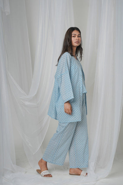 Summer blue loungewear, organic cotton, oversized capes, underwear and pants, comfy pajama sets, custom made plus sizes, small sizes, casual wear