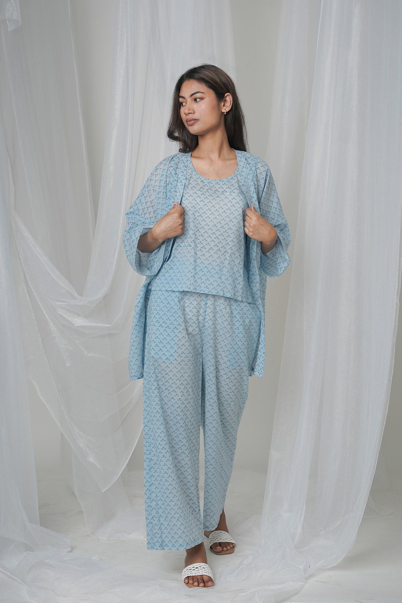 Summer blue loungewear, organic cotton, oversized capes, underwear and pants, comfy pajama sets, custom made plus sizes, small sizes, casual wear