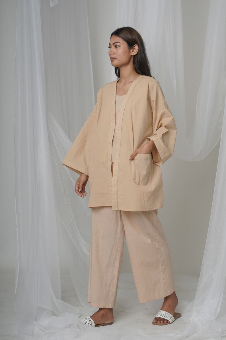 Summer beige loungewear, organic cotton, oversized capes, underwear and pants, comfy pajama sets, custom made large and small sizes, casual wear