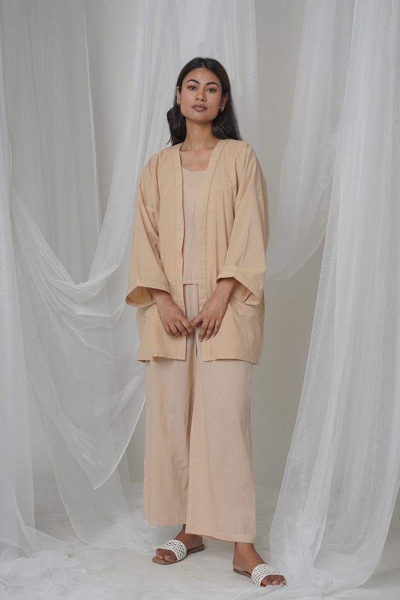 Summer beige loungewear, organic cotton, oversized capes, underwear and pants, comfy pajama sets, custom made large and small sizes, casual wear