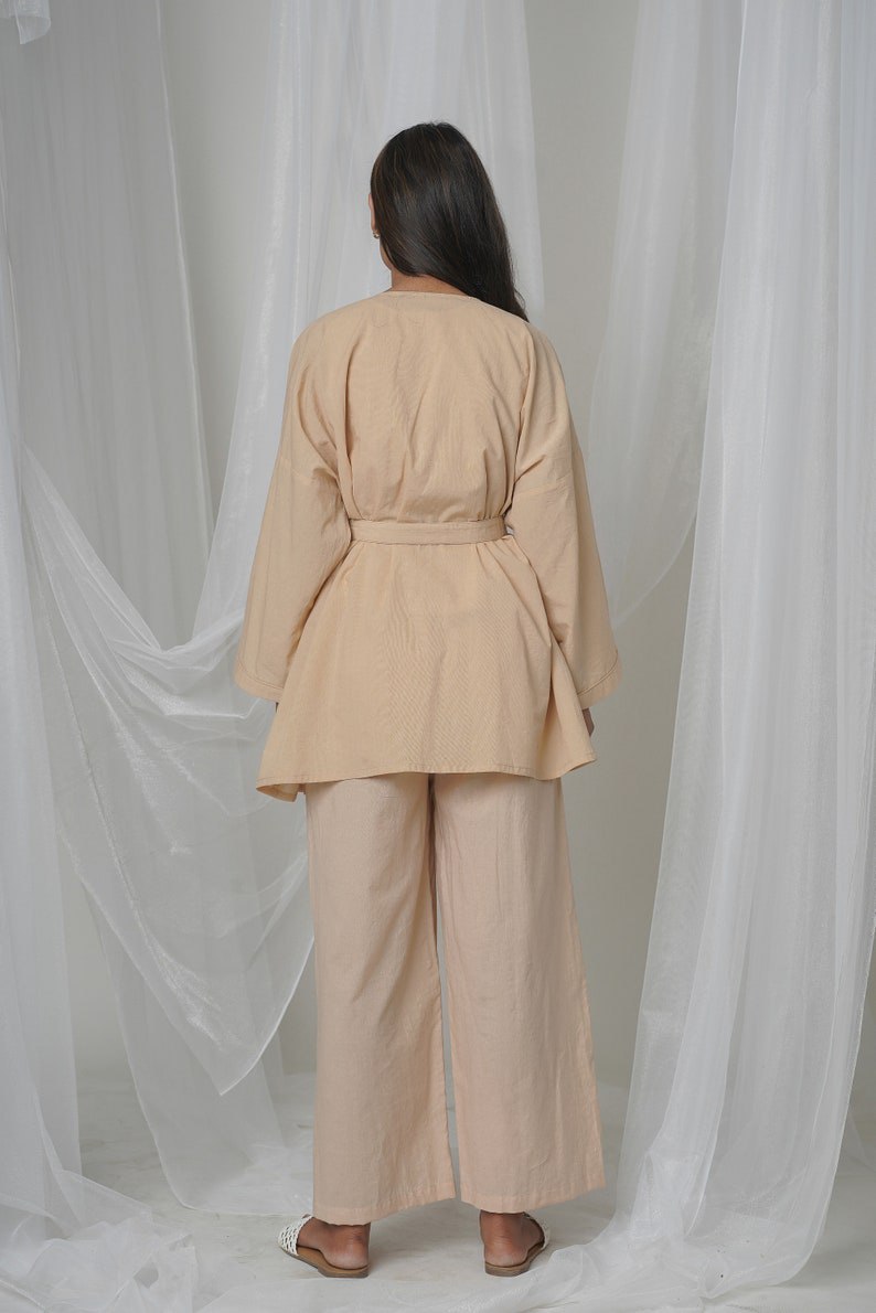 Summer beige loungewear, organic cotton, oversized capes, underwear and pants, comfy pajama sets, custom made large and small sizes, casual wear