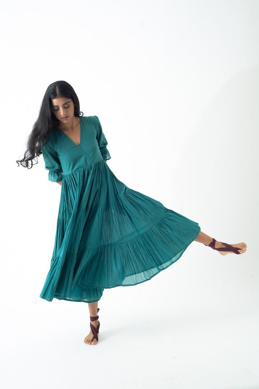 Organic Cotton Midi Dress, Teal Blue Tiered and Layered Dress, Boho Tunic with Pockets, Comfortable Loose Fit, Plus Size, Custom Sizing