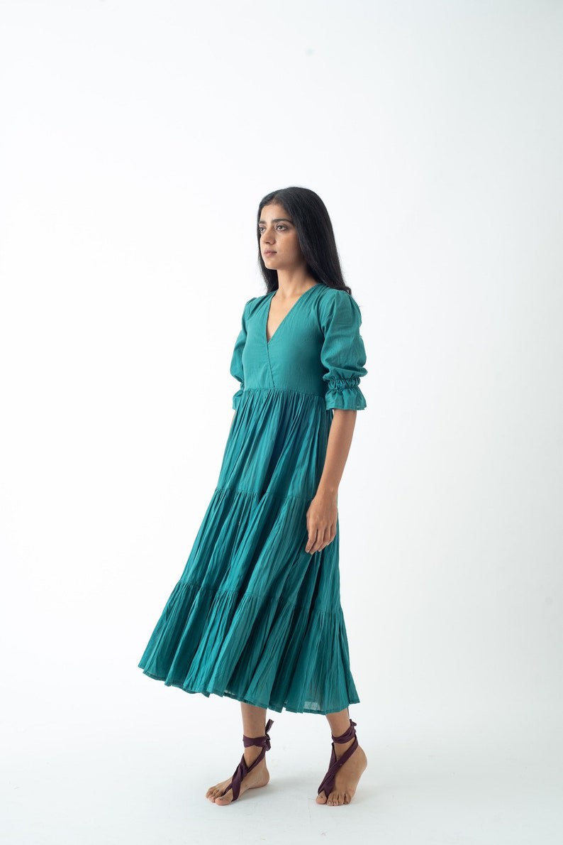 Organic Cotton Midi Dress, Teal Blue Tiered and Layered Dress, Boho Tunic with Pockets, Comfortable Loose Fit, Plus Size, Custom Sizing