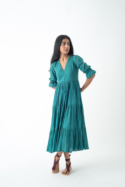 Organic Cotton Midi Dress, Teal Blue Tiered and Layered Dress, Boho Tunic with Pockets, Comfortable Loose Fit, Plus Size, Custom Sizing