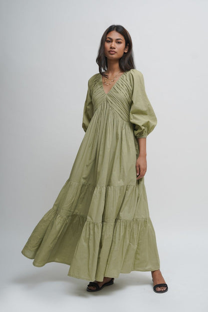 Organic cotton pleated maxi dress, green layered dress, boho tunic with pockets, comfortable and loose fit, plus size