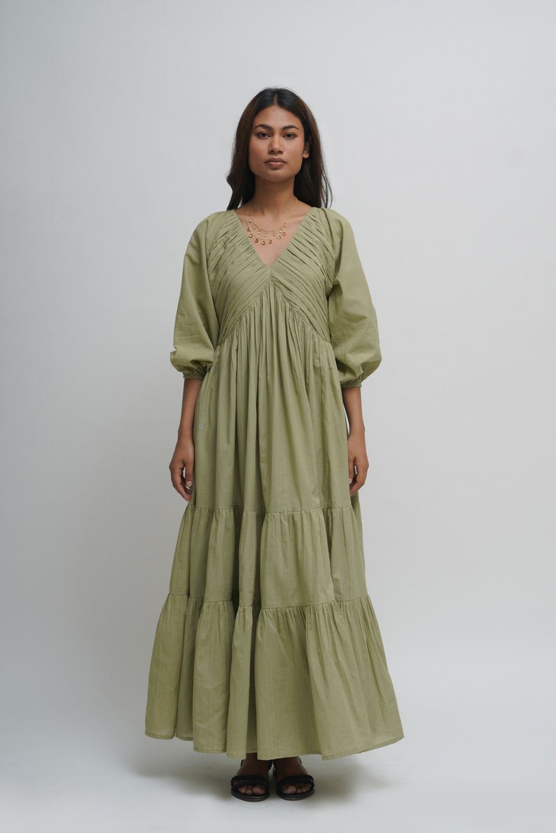 Organic cotton pleated maxi dress, green layered dress, boho tunic with pockets, comfortable and loose fit, plus size