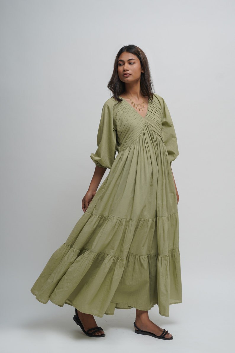 Organic cotton pleated maxi dress, green layered dress, boho tunic with pockets, comfortable and loose fit, plus size