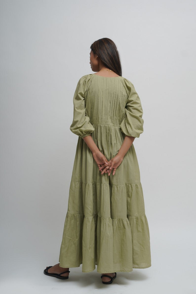 Organic cotton pleated maxi dress, green layered dress, boho tunic with pockets, comfortable and loose fit, plus size