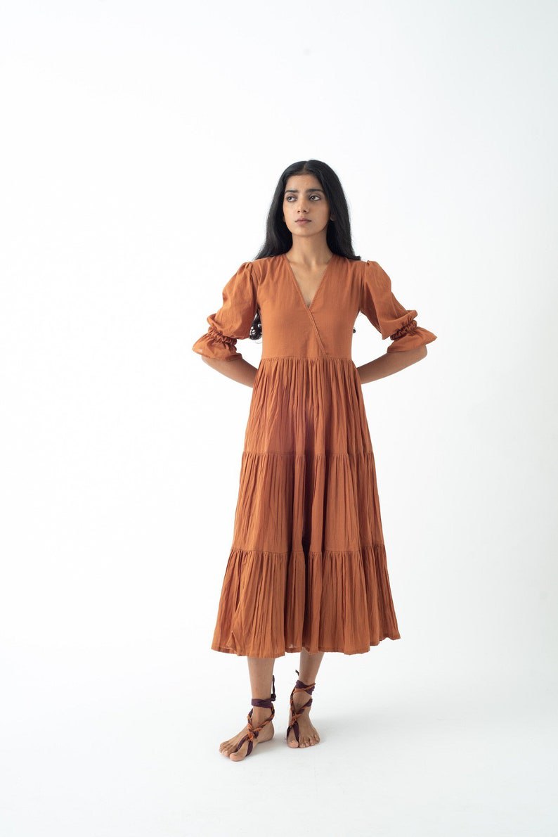 Organic cotton midi dress, caramel layered dress, bohemian tunic with pockets, comfortable loose fit