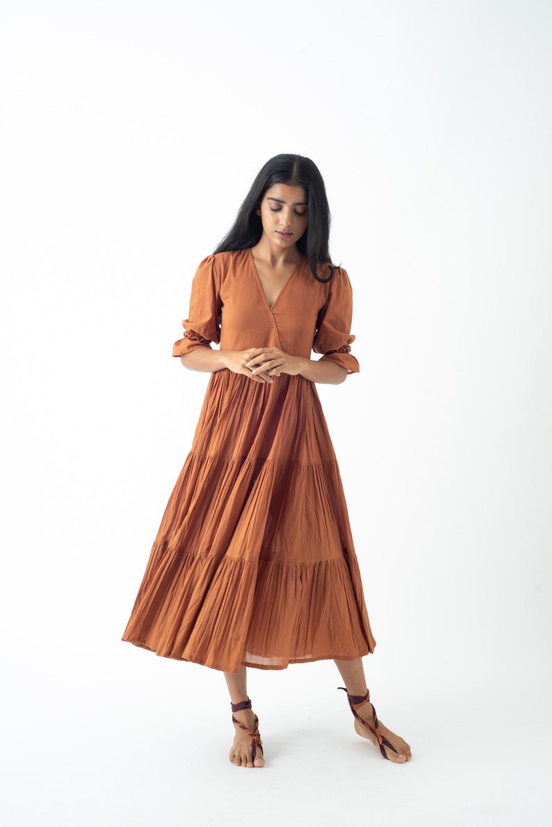 Organic cotton midi dress, caramel layered dress, bohemian tunic with pockets, comfortable loose fit