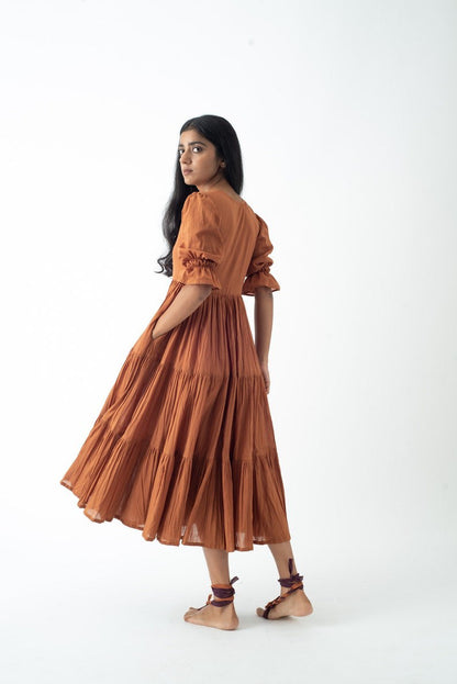 Organic cotton midi dress, caramel layered dress, bohemian tunic with pockets, comfortable loose fit