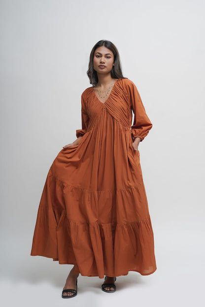 Organic cotton maxi dress, tan orange layered dress, boho tunic with pockets, comfortable and loose fit