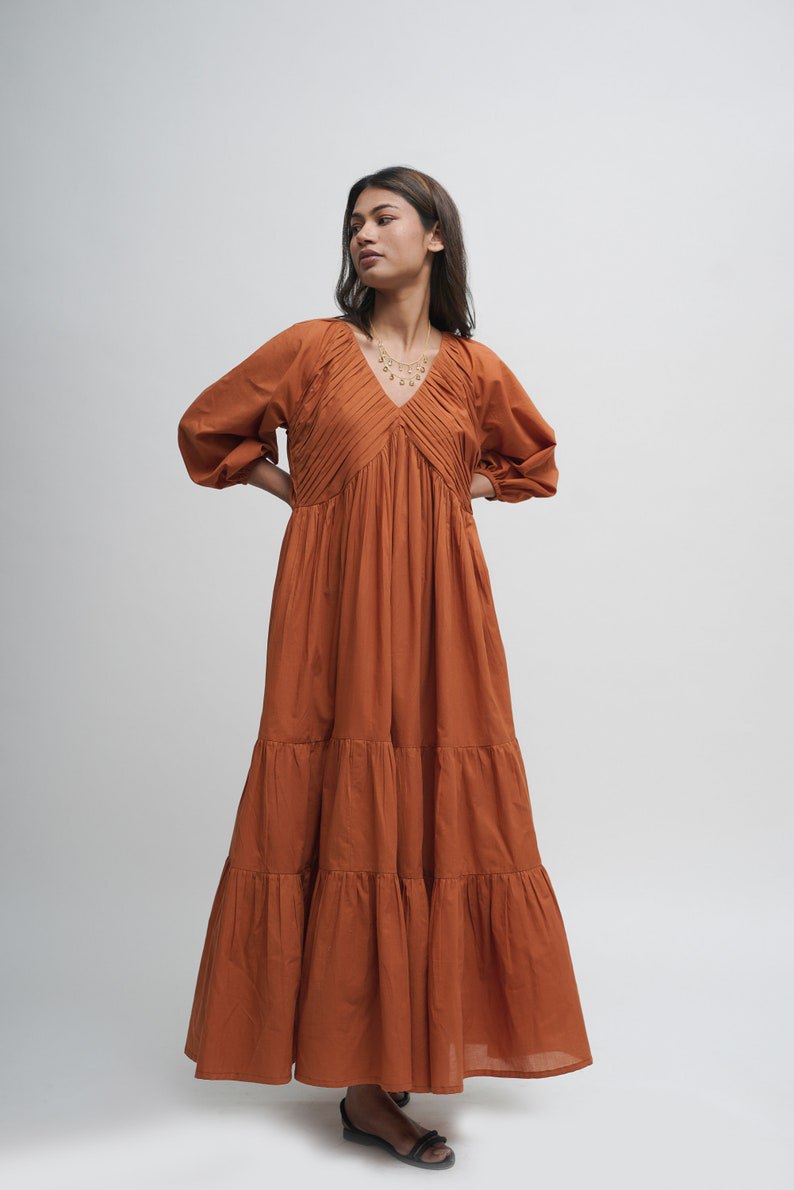 Organic cotton maxi dress, tan orange layered dress, boho tunic with pockets, comfortable and loose fit