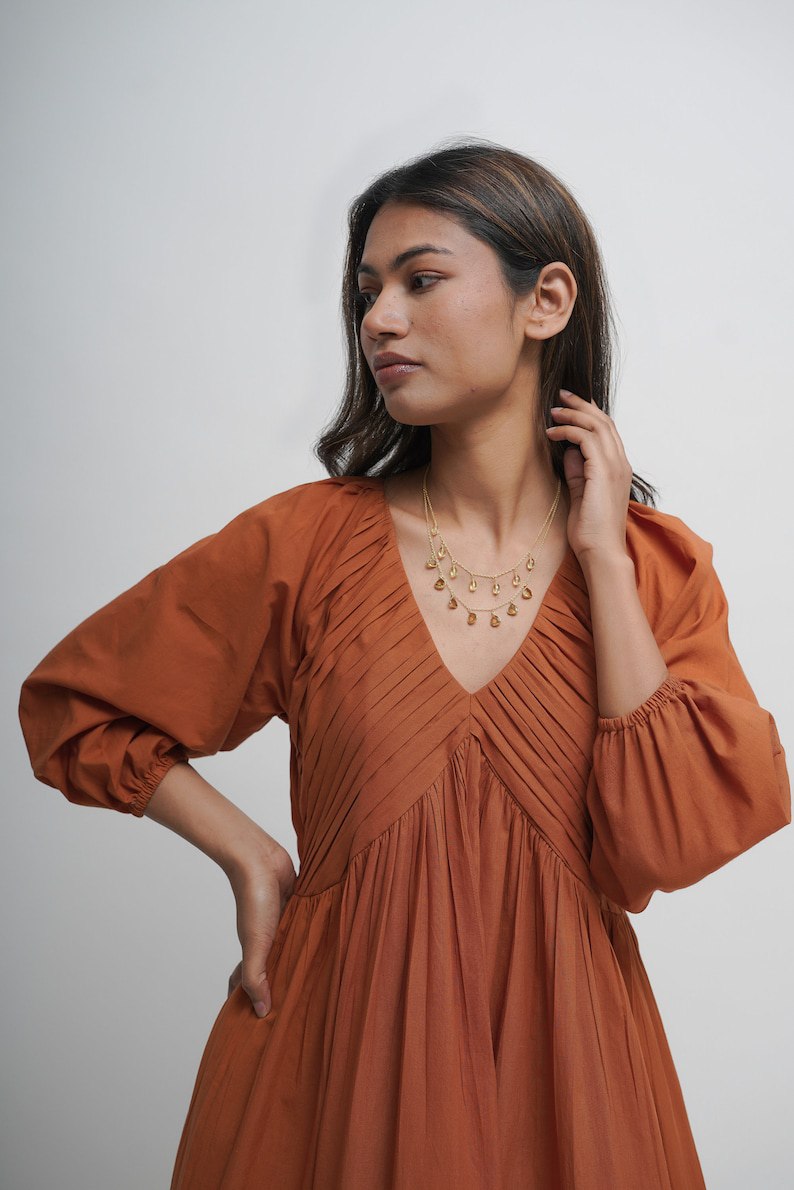 Organic cotton maxi dress, tan orange layered dress, boho tunic with pockets, comfortable and loose fit