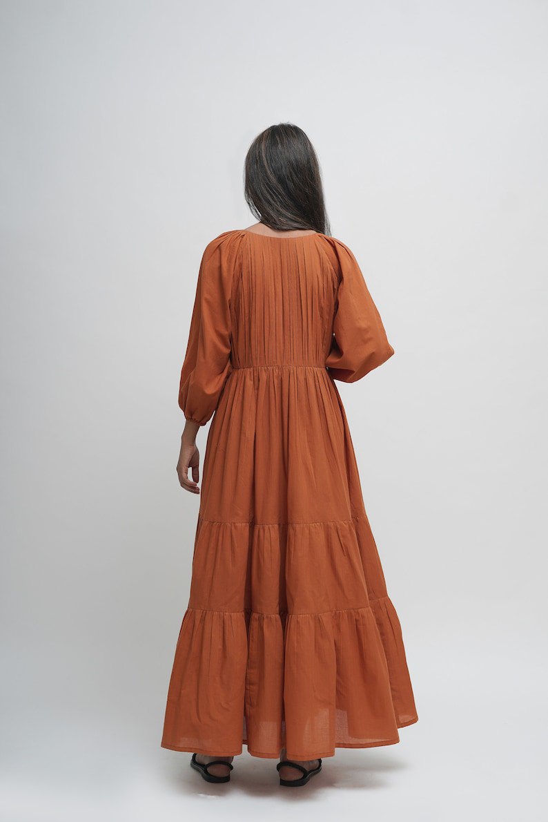 Organic cotton maxi dress, tan orange layered dress, boho tunic with pockets, comfortable and loose fit