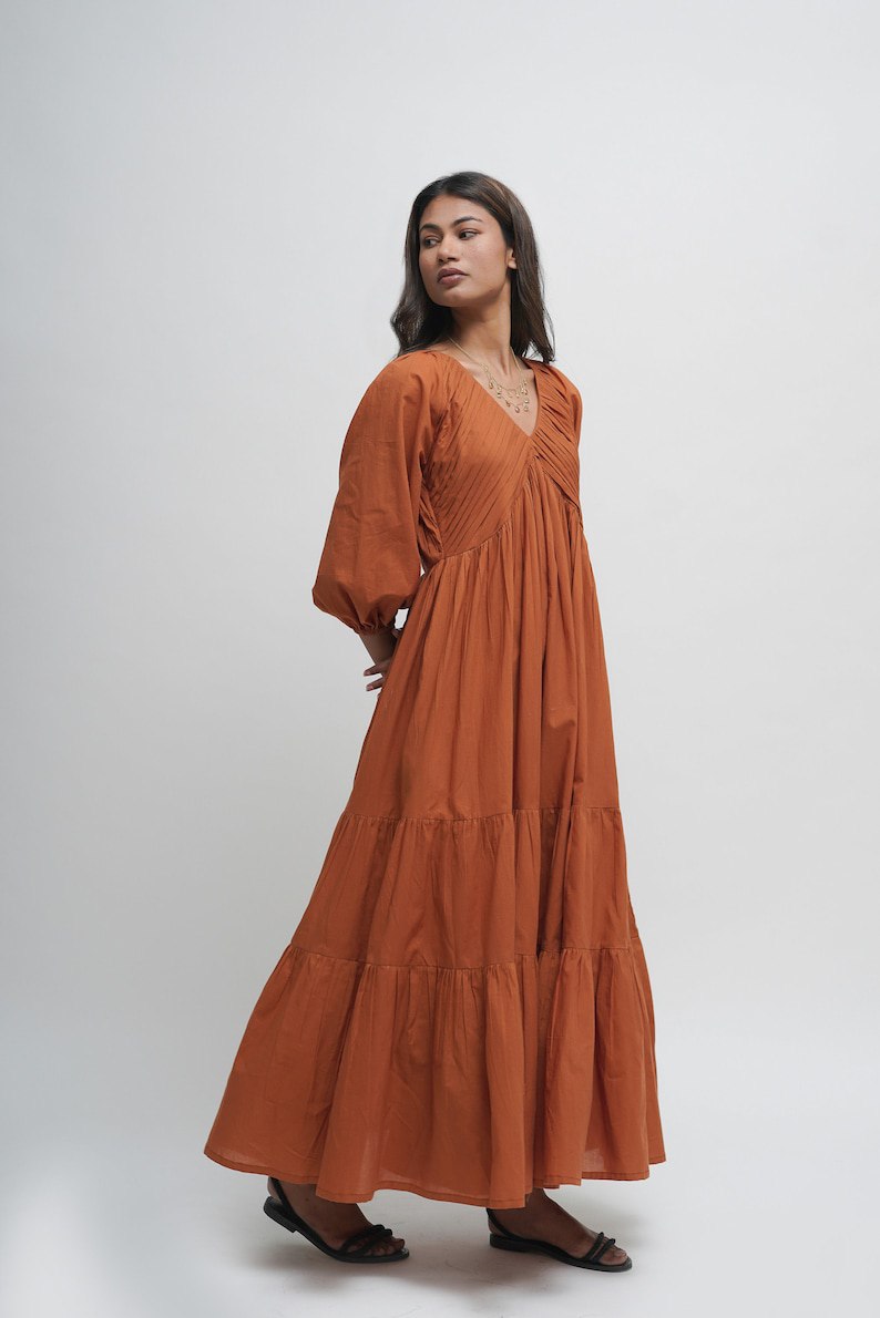 Organic cotton maxi dress, tan orange layered dress, boho tunic with pockets, comfortable and loose fit