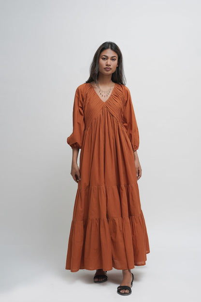 Organic cotton maxi dress, tan orange layered dress, boho tunic with pockets, comfortable and loose fit