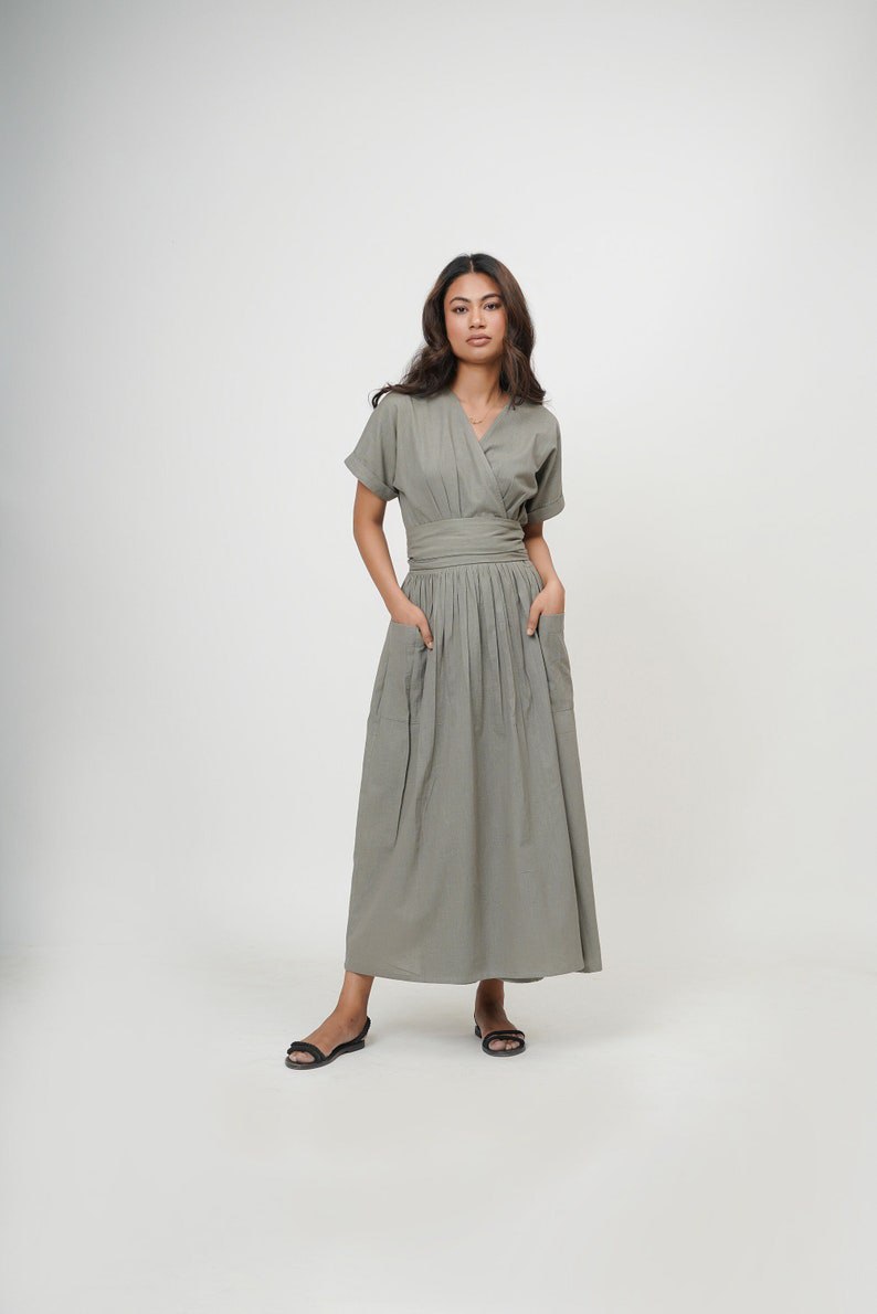 Cotton wrap dress, tie dress, cotton summer grey v neck dress, long slit tunic, deep neck midi knot dress, plus size