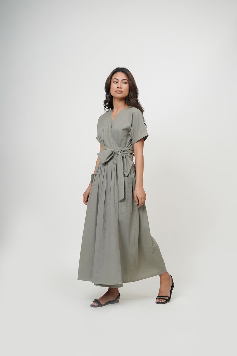 Cotton wrap dress, tie dress, cotton summer grey v neck dress, long slit tunic, deep neck midi knot dress, plus size