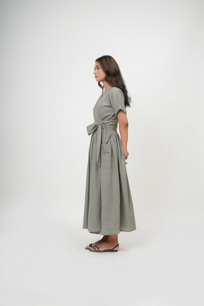 Cotton wrap dress, tie dress, cotton summer grey v neck dress, long slit tunic, deep neck midi knot dress, plus size