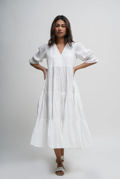 Organic cotton midi dress, white layered dress, bohemian tunic with pockets, comfortable and loose fit