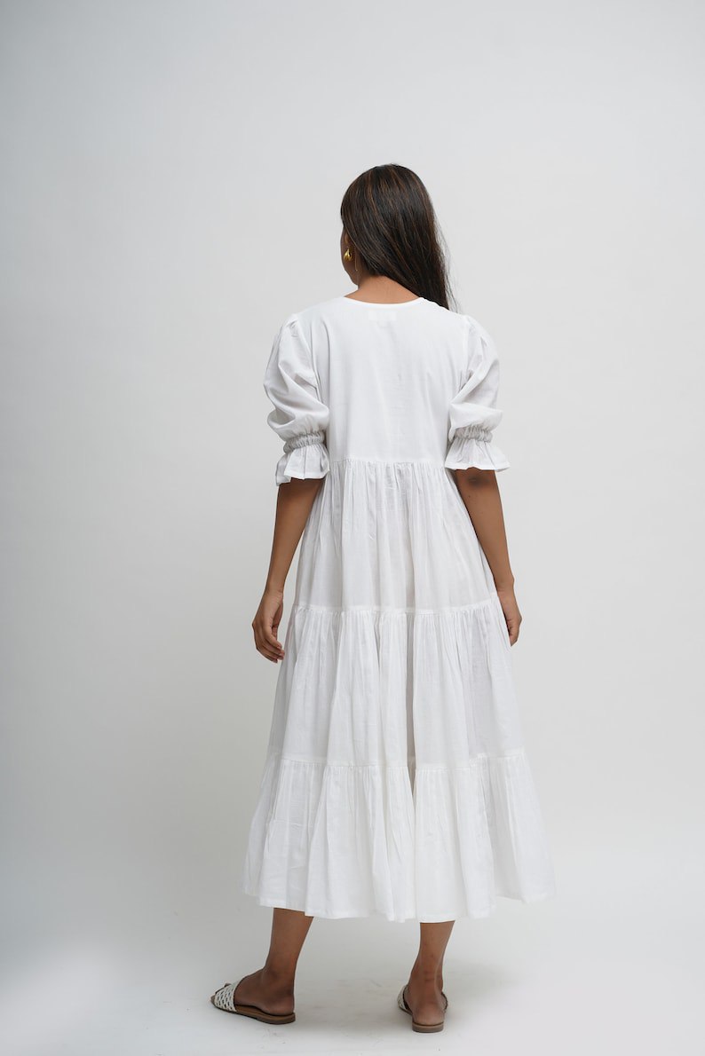 Organic cotton midi dress, white layered dress, bohemian tunic with pockets, comfortable and loose fit