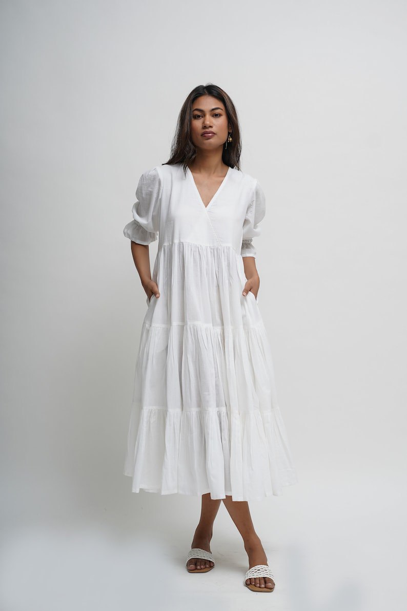 Organic cotton midi dress, white layered dress, bohemian tunic with pockets, comfortable and loose fit