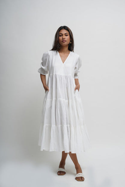 Organic cotton midi dress, white layered dress, bohemian tunic with pockets, comfortable and loose fit