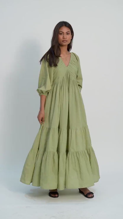 Organic cotton pleated maxi dress, green layered dress, boho tunic with pockets, comfortable and loose fit, plus size